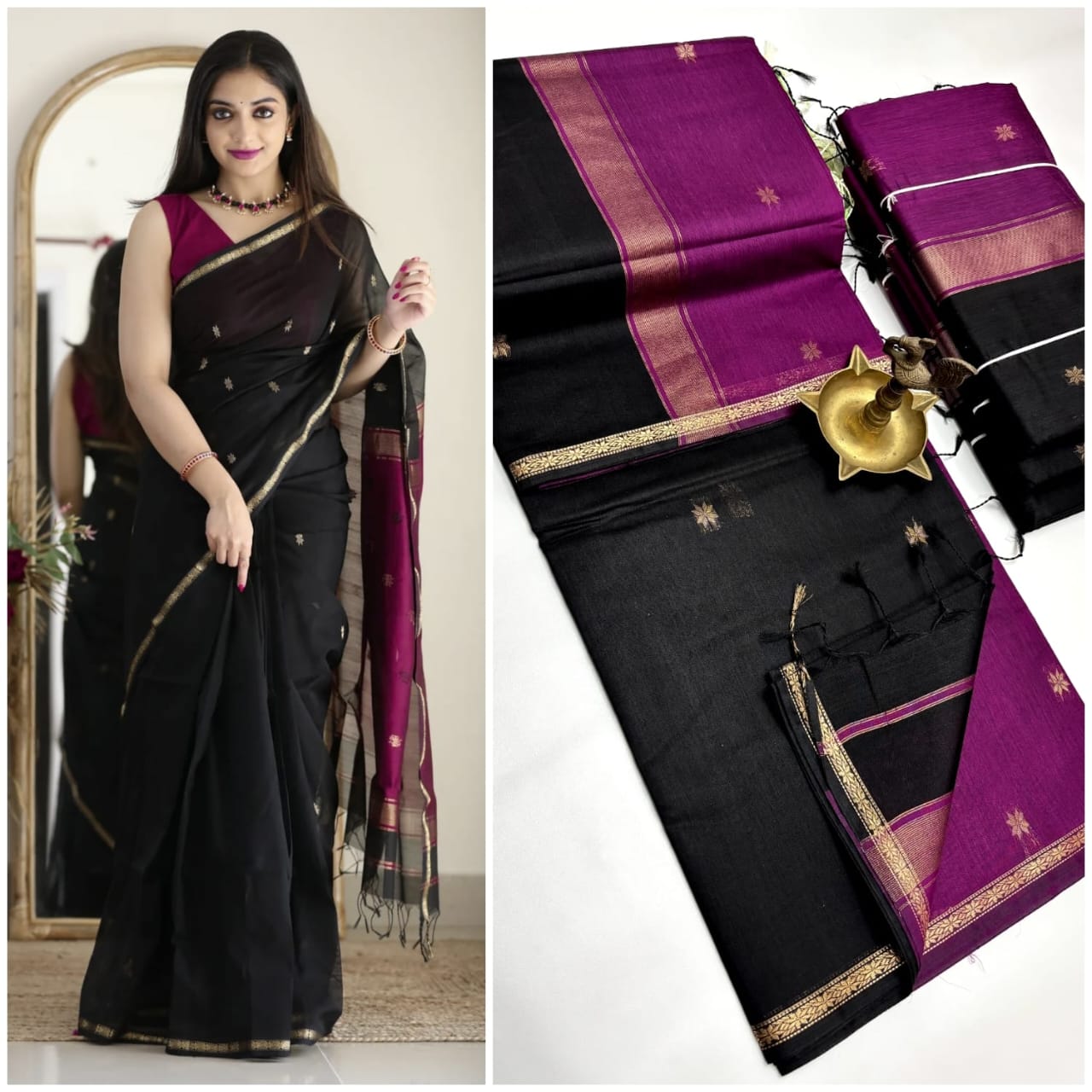 Midnight Elegance Maheshwari Silk Cotton Saree | A Tale of Bold Beauty