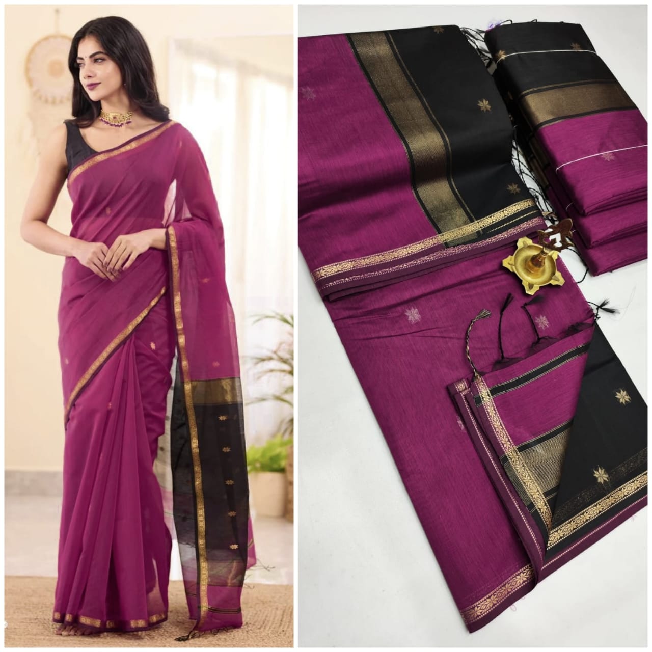 Midnight Elegance Maheshwari Silk Cotton Saree | A Tale of Bold Beauty