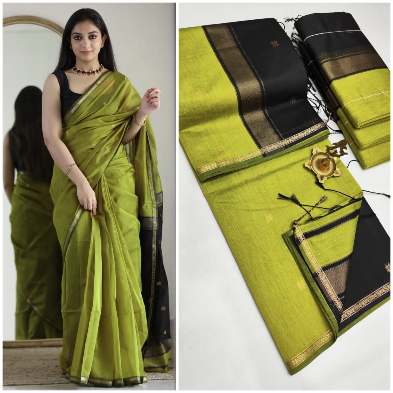 Olive Grace Maheshwari Silk Cotton Saree | A Touch of Earthy Elegance