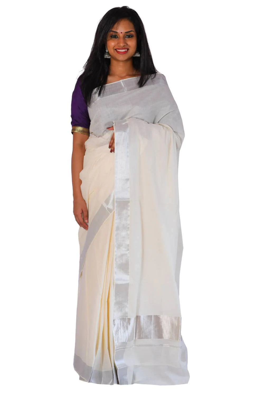 Silver Serenity Kerala Cotton Tissue Kasavu Saree