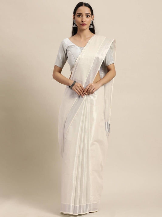 Silver Serenity Kerala Cotton Tissue Kasavu Saree