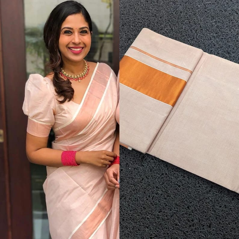 Copper Charm Kerala Cotton Tissue Kasavu Saree