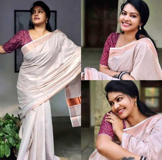 Copper Charm Kerala Cotton Tissue Kasavu Saree