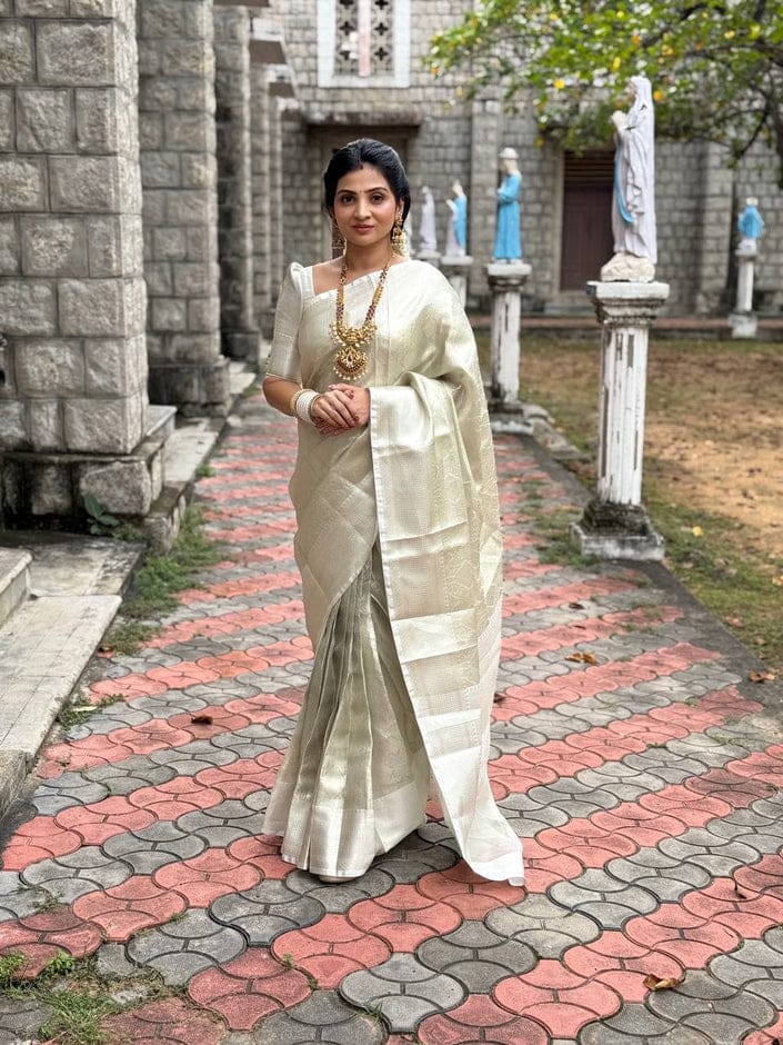 Nayanthara-Inspired White Banarasi Tissue Silk Saree