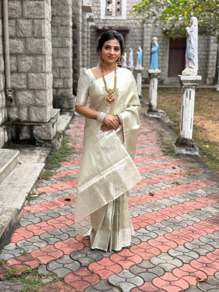 Nayanthara-Inspired White Banarasi Tissue Silk Saree