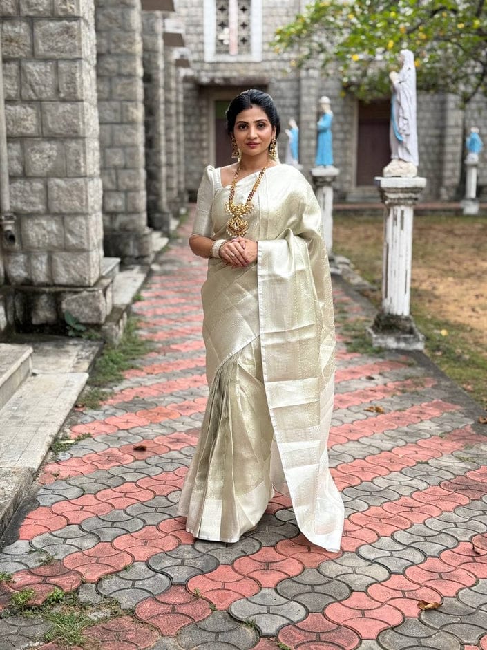 Nayanthara-Inspired White Banarasi Tissue Silk Saree