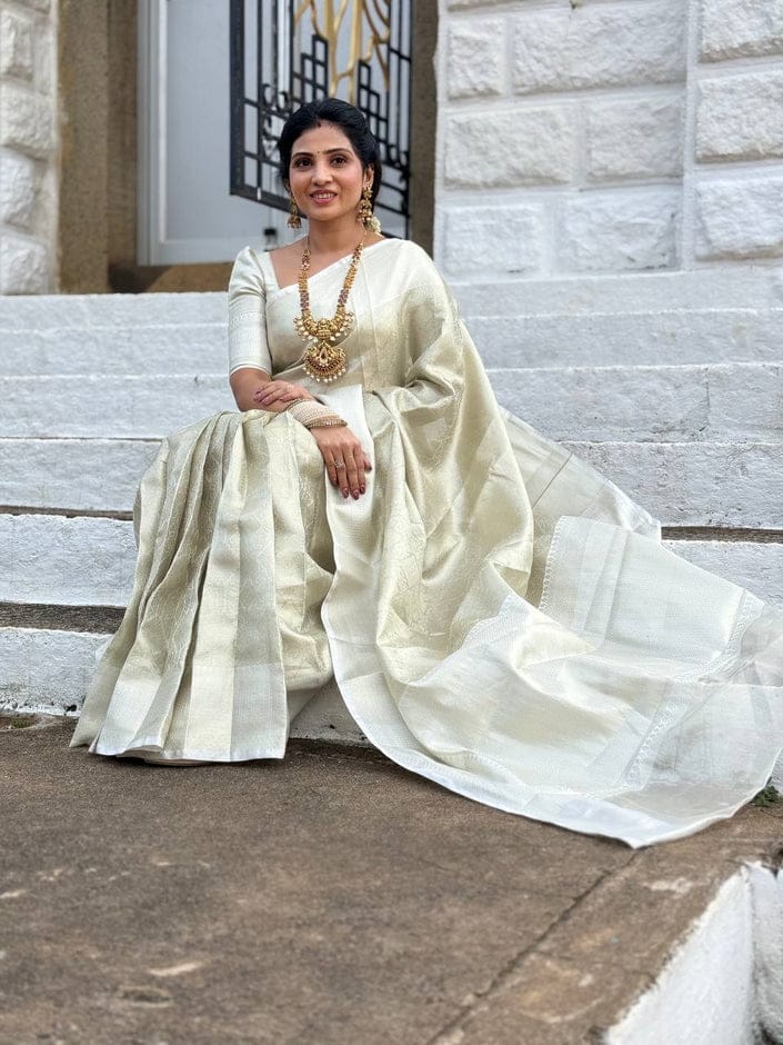 Nayanthara-Inspired White Banarasi Tissue Silk Saree