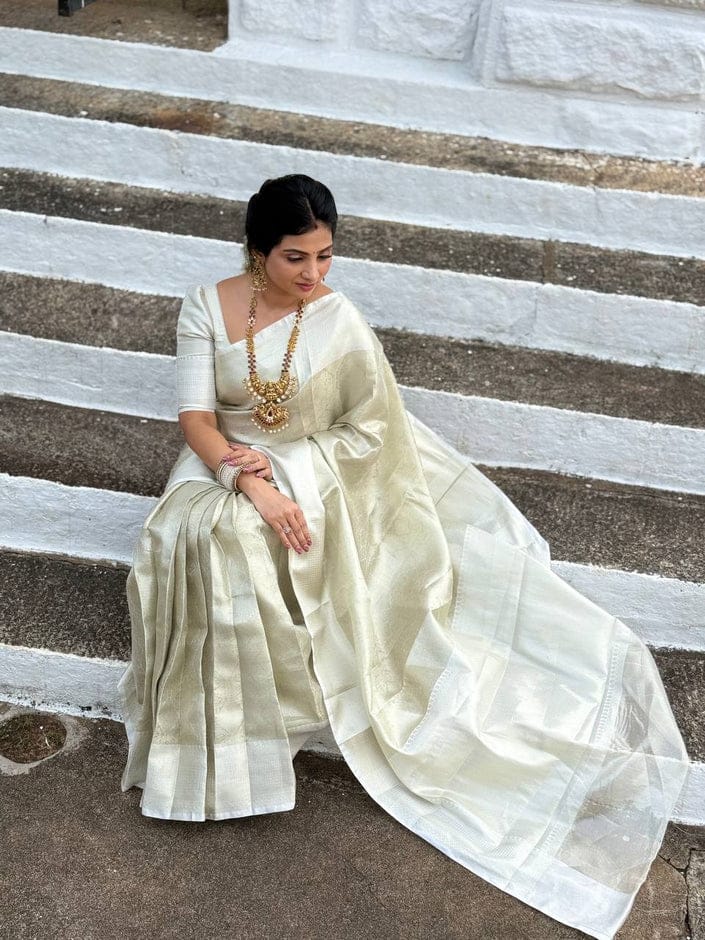 Nayanthara-Inspired White Banarasi Tissue Silk Saree